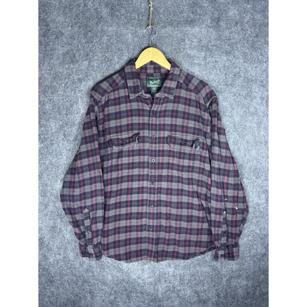Woolrich Mens Plaid XL Cotton Flannel Shirt Long Sleeve Button Up Red Gray